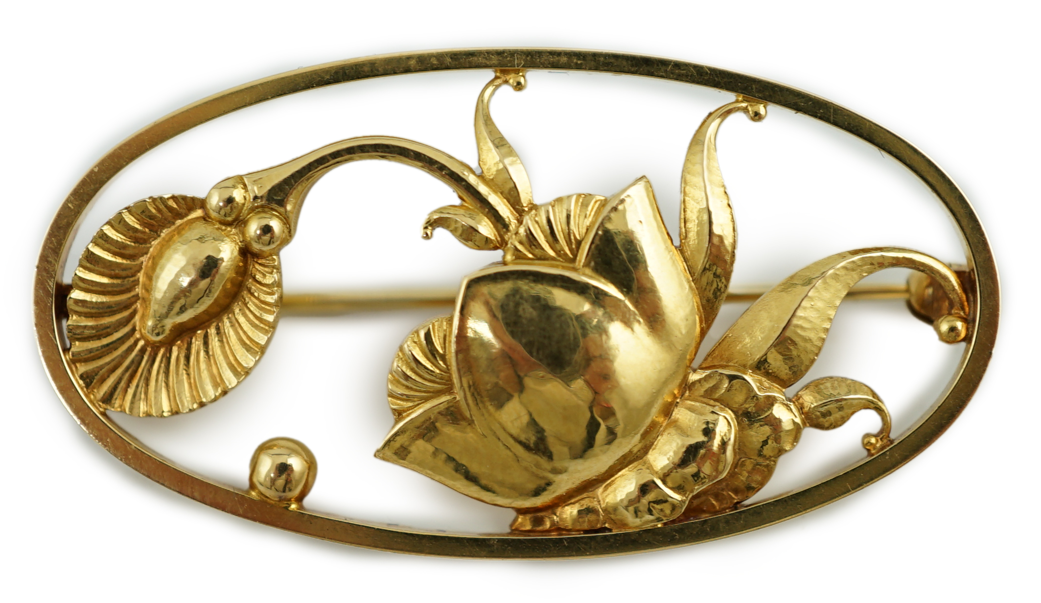 An early 1960's Georg Jensen 18ct gold open work foliate brooch